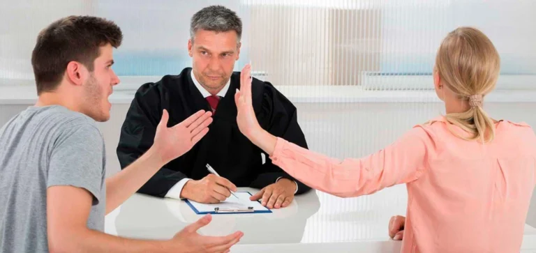 Contested divorce court process with spouses and judge in Florida.