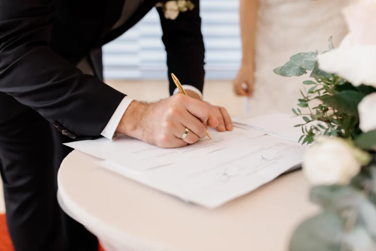 Couple signing a prenuptial agreement before marriage.